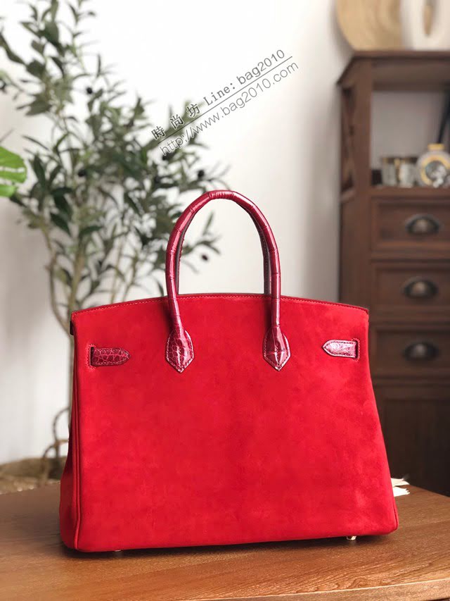 Hermes女包 愛馬仕經典款brikin包 手工蠟線縫製 鱷魚皮拼麂皮 金扣 Hermes拼色手提女包  am2052